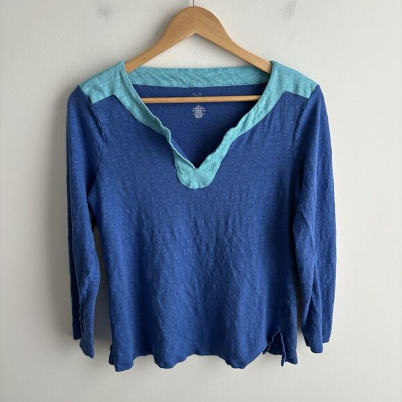 Saks Fifth Avenue Womens XL Linen Top Blue Preppy Coastal 3/4 Sleeve Knit Tee - Picture 1 of 7